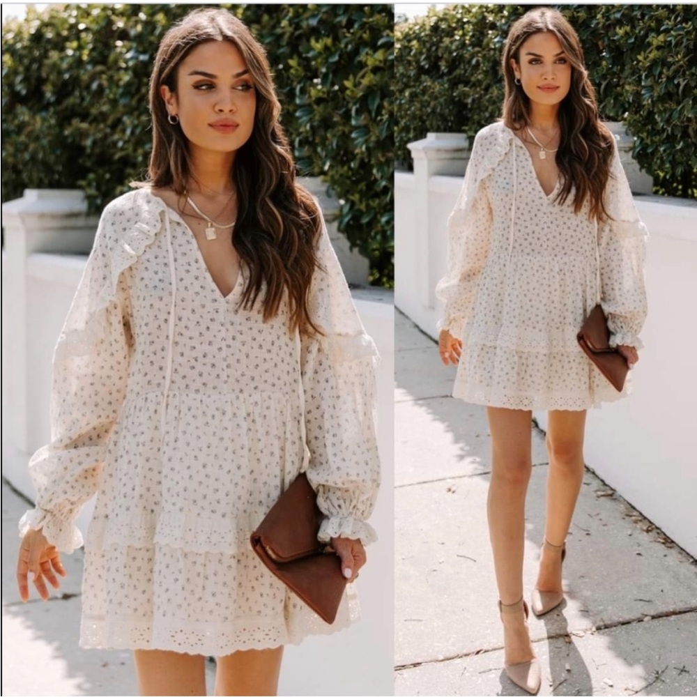 Vici Cream Floral Dress with Eyelet Detail